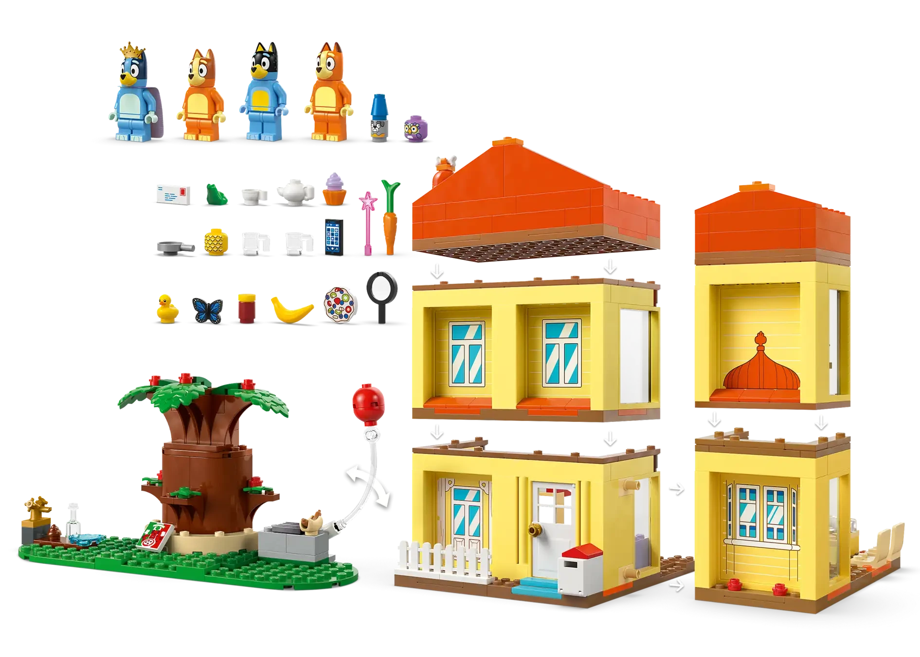 The LEGO® Bluey's Family House by Legos - Toyhouse includes a yellow house with two red roofs, a tree, four character figures, small accessories, and buildable yard elements.