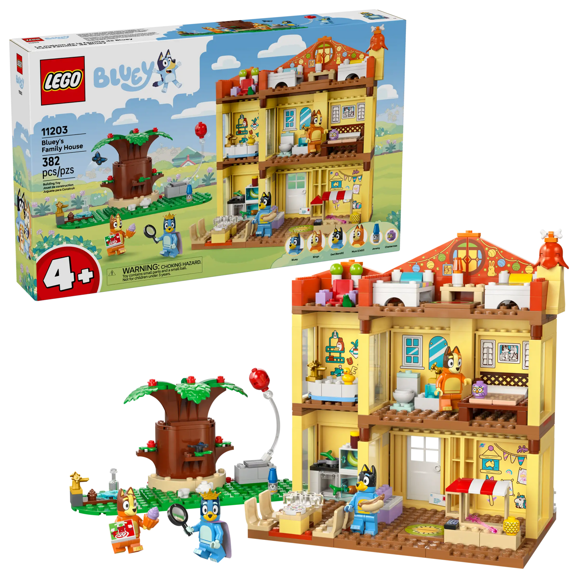 LEGO® Bluey's Family House by Legos - Toyhouse includes 346 pieces to build Bluey’s home with characters and accessories. Recommended for ages 4+, it’s a great set for fans of Bluey toys! Box and assembled house shown.
