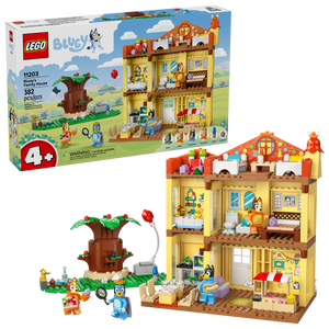 LEGO® Bluey's Family House by Legos - Toyhouse includes 346 pieces to build Bluey’s home with characters and accessories. Recommended for ages 4+, it’s a great set for fans of Bluey toys! Box and assembled house shown.