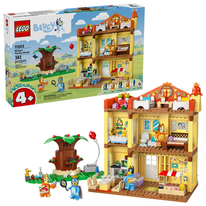 LEGO® Bluey's Family House by Legos - Toyhouse includes 346 pieces to build Bluey’s home with characters and accessories. Recommended for ages 4+, it’s a great set for fans of Bluey toys! Box and assembled house shown.