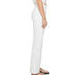 A woman stands in profile against a plain white background, wearing The Bookie Skimp high-waisted white denim pants by Mother, paired with a white crop top, black sandals, and a bracelet.