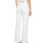 A person is shown from the back against a plain background wearing Mother’s The Bookie Skimp high-waisted white denim flared jeans, paired with a white sleeveless top tied at the back and black flat sandals.