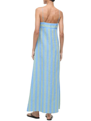 A person is shown from the back wearing the Staud Laura Linen Dress, a sleeveless blue and green striped dress with adjustable spaghetti straps, paired with flip-flops.