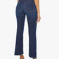 Woman shown from the back wearing Mother's The Insider Crop Step Fray dark blue high-waisted bootcut jeans with a frayed step-hem, a white sleeveless top, and clear high-heeled sandals.
