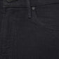 Close-up of the upper section of The Insider Crop Step Fray high-waisted bootcut black jeans by Mother, highlighting the waistband, button, front pocket, and belt loop.
