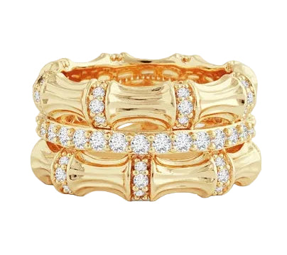 The Anabel Aram Bamboo Stack Ring features an elegant bamboo-inspired design with a central row of pavé crystals, all beautifully dipped in 18k gold.