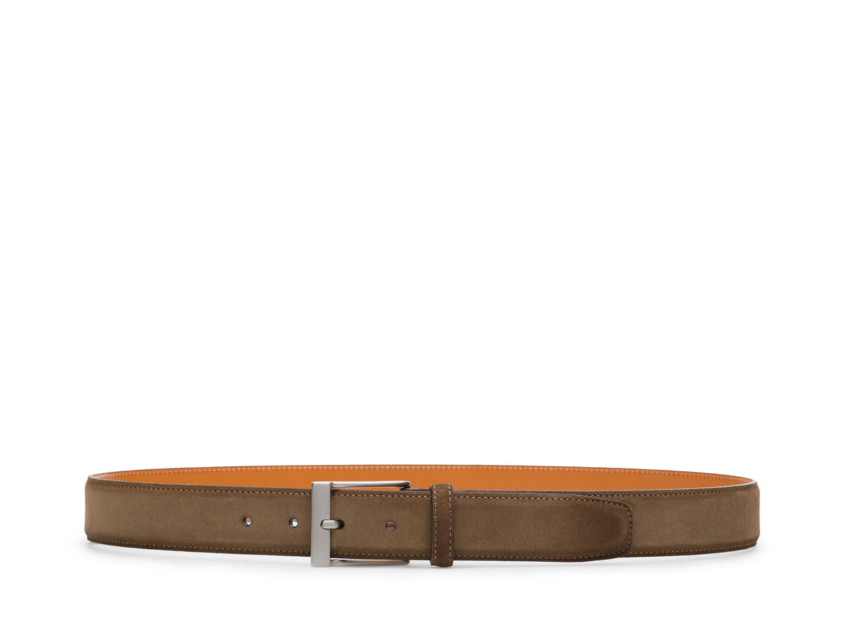 Magnanni Telante Sueded Belt in brown suede with a rectangular silver buckle and a tan leather lining.