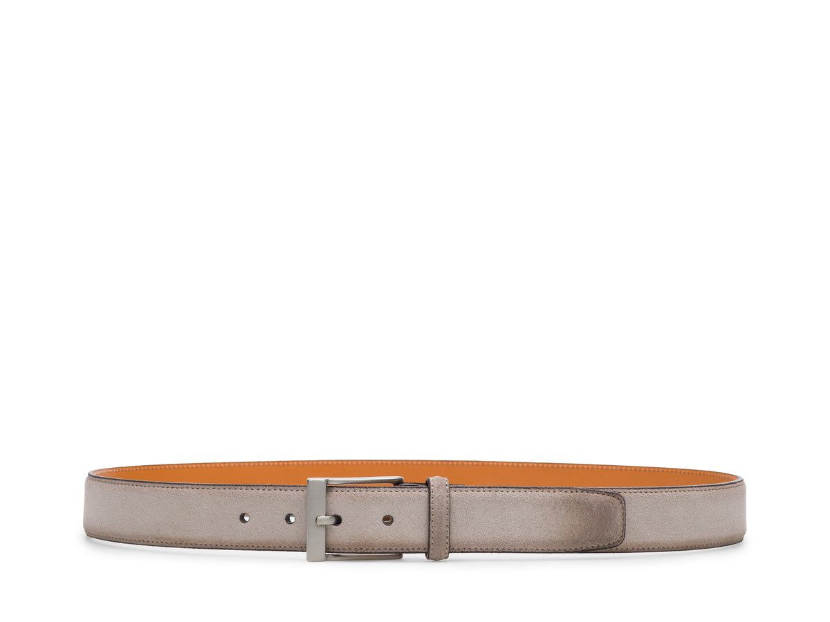 Magnanni Telante Sueded Belt in taupe suede, featuring a silver-tone buckle and tan leather lining.