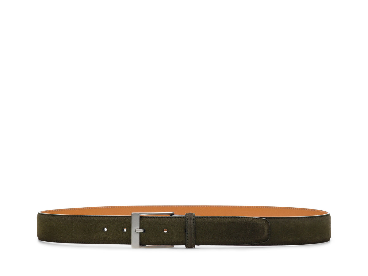 Magnanni Telante Sueded Belt in olive green suede leather with a silver rectangular buckle.