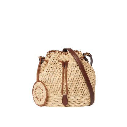 A close-up of the Stella McCartney Falabella Crochet Raffia Bucket Bag.