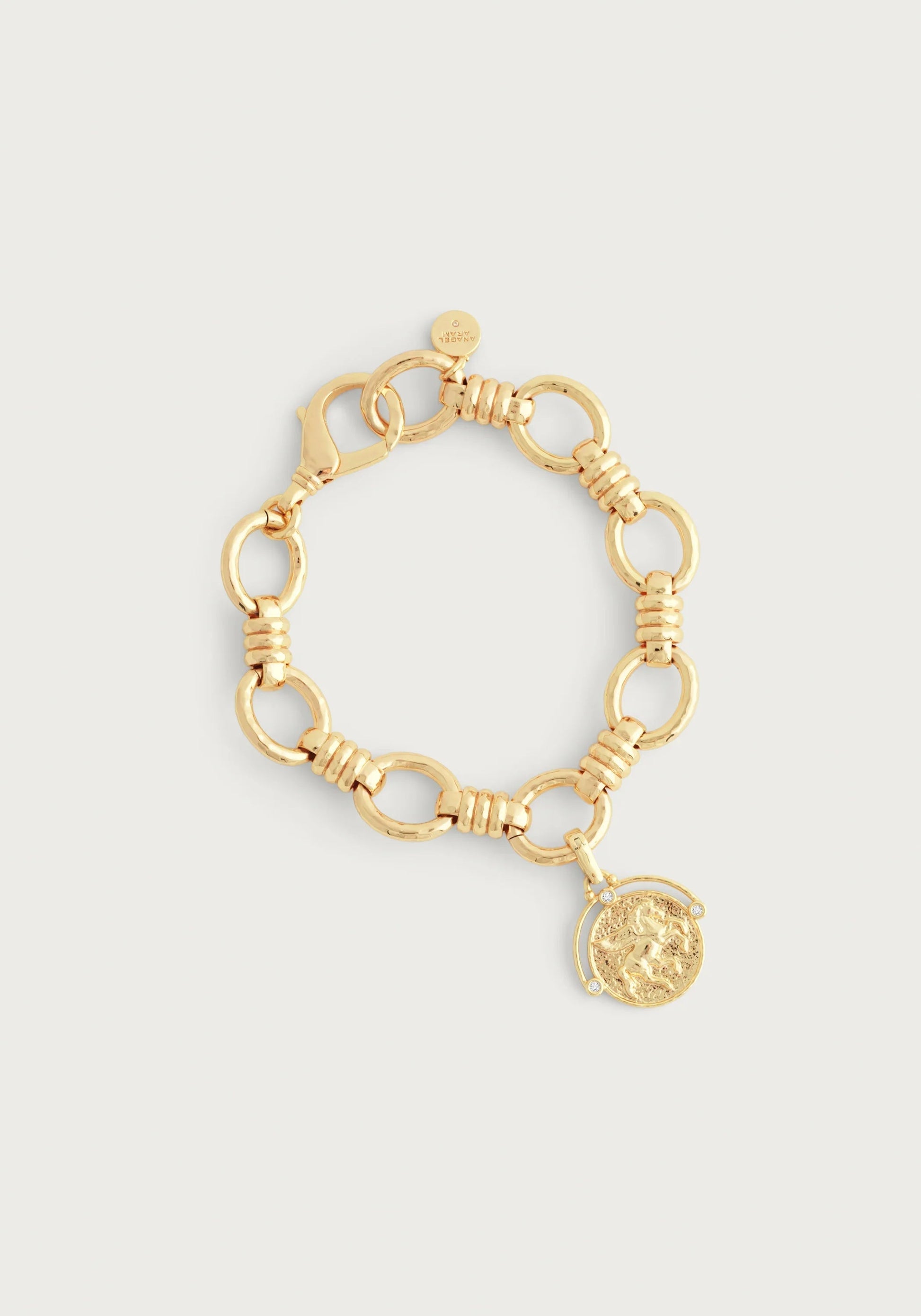 The Anabel Aram Pegasus Gold Coin Charm is a gold chain link bracelet with a Pegasus coin charm and lobster clasp, displayed on a light background—ideal for fans of mythical jewelry.