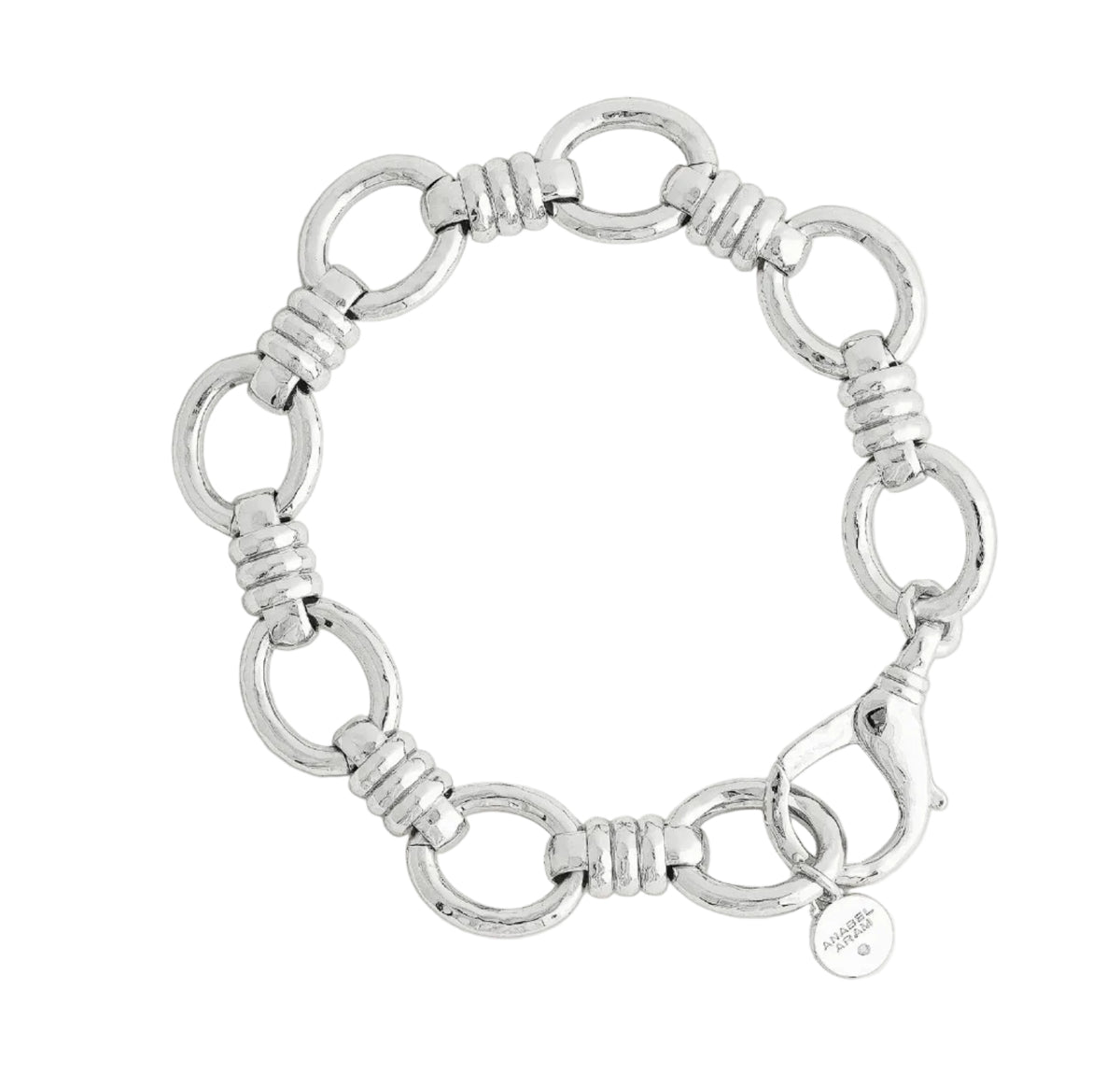 Anabel Aram Neptune Chain Bracelet featuring silver circular links connected by ribbed bar segments, finished with a lobster clasp and a small round charm.