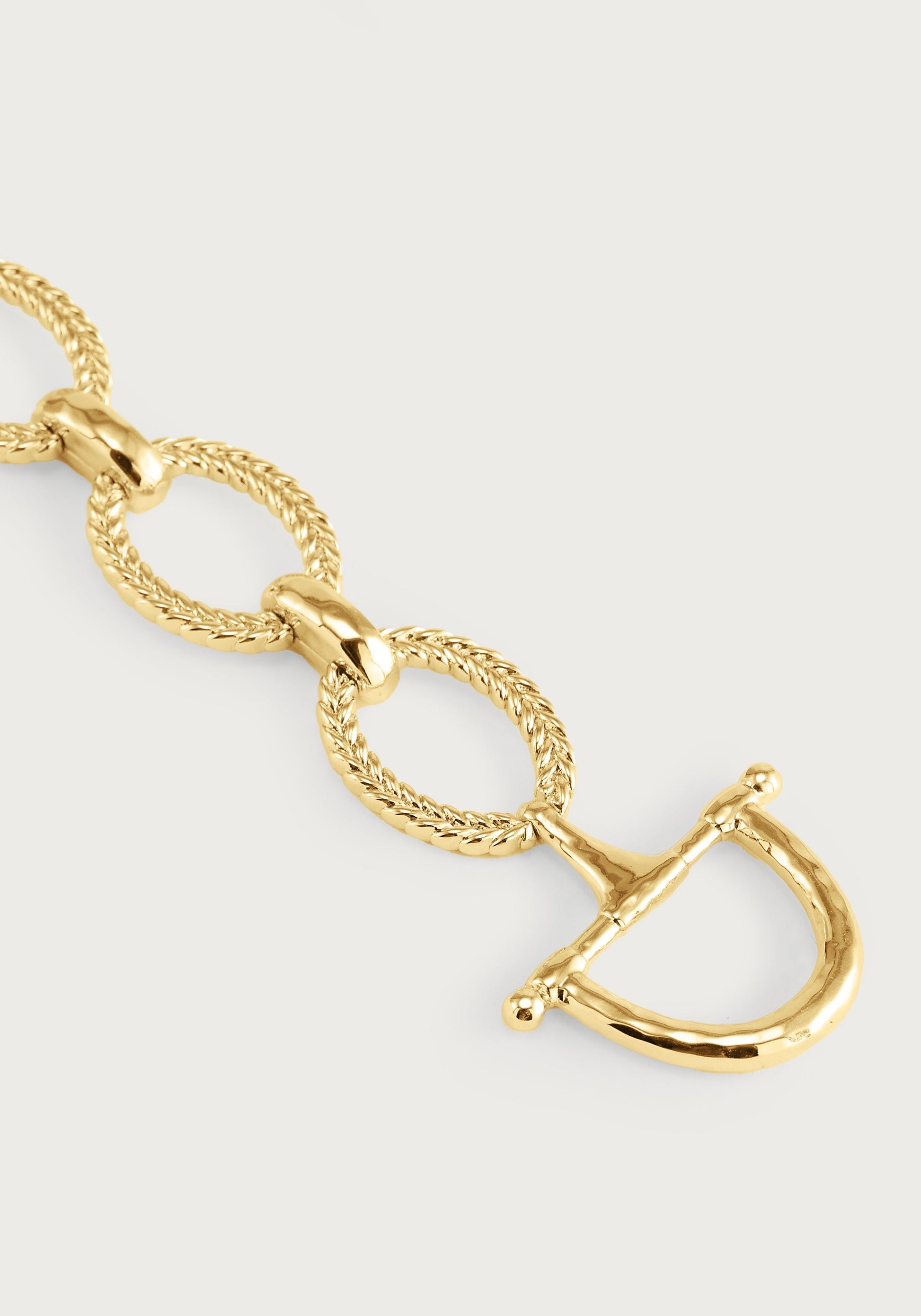 Close-up of the Anabel Aram Cheval Chain Bracelet, featuring textured gold-plated oval links and a D-shaped toggle clasp, shown against a light background.