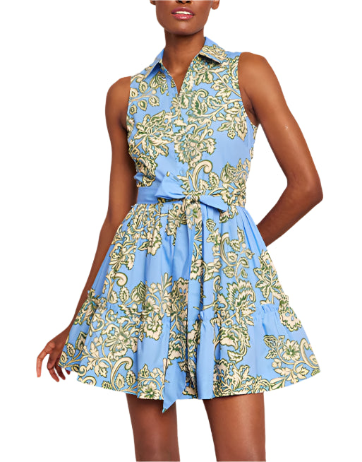 The Cara Cara Hannah Mini Dress by Cara Cara is a sleeveless, belted mini dress in blue with green and yellow floral patterns. It includes side seam pockets, offering both functionality and charm.