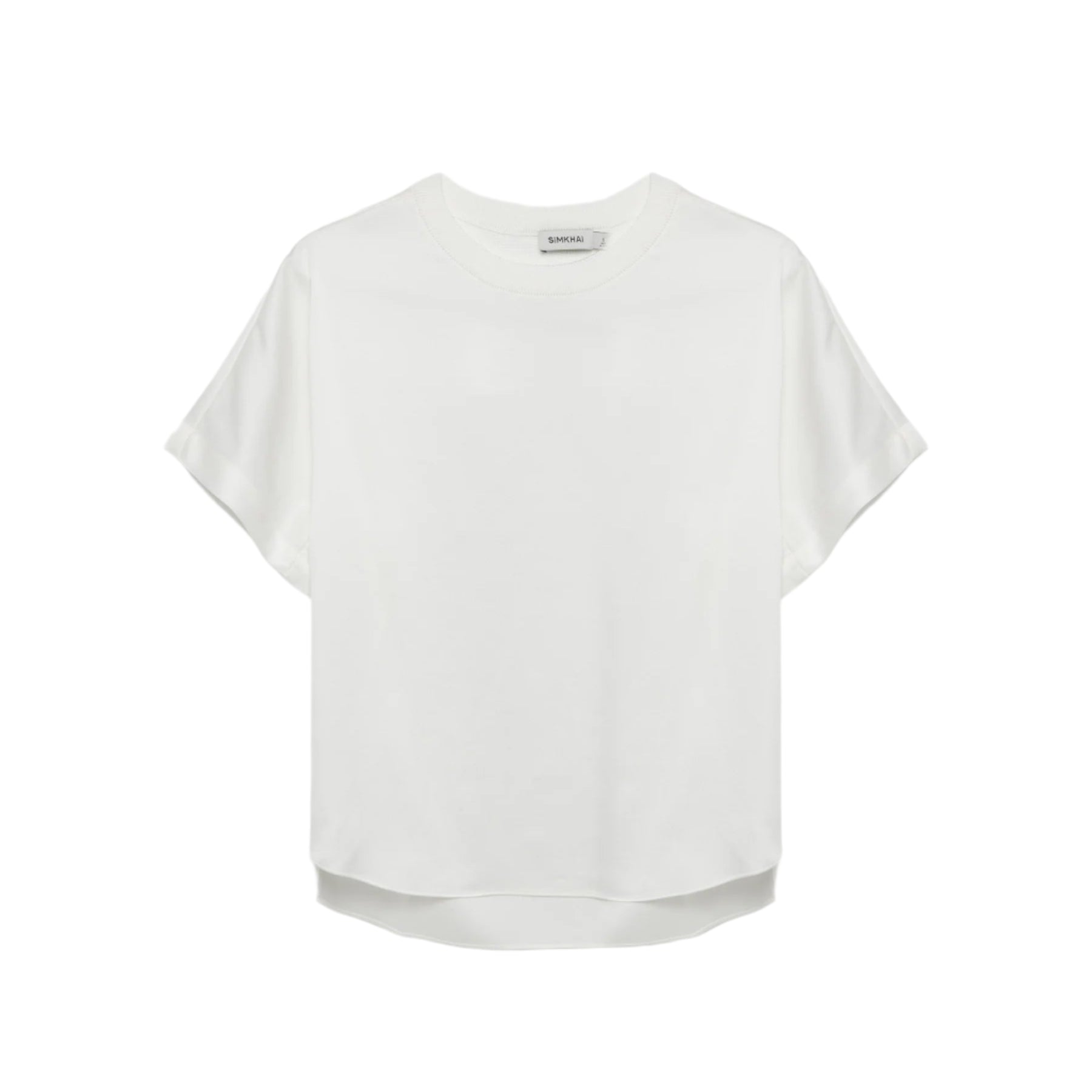 The Simkhai Addy Satin T-Shirt features a relaxed fit with short sleeves and a round neckline, shown against a white background.