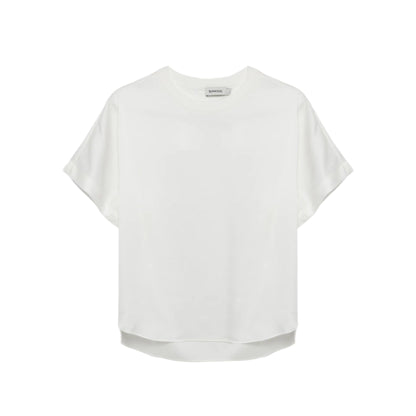 The Simkhai Addy Satin T-Shirt features a relaxed fit with short sleeves and a round neckline, shown against a white background.