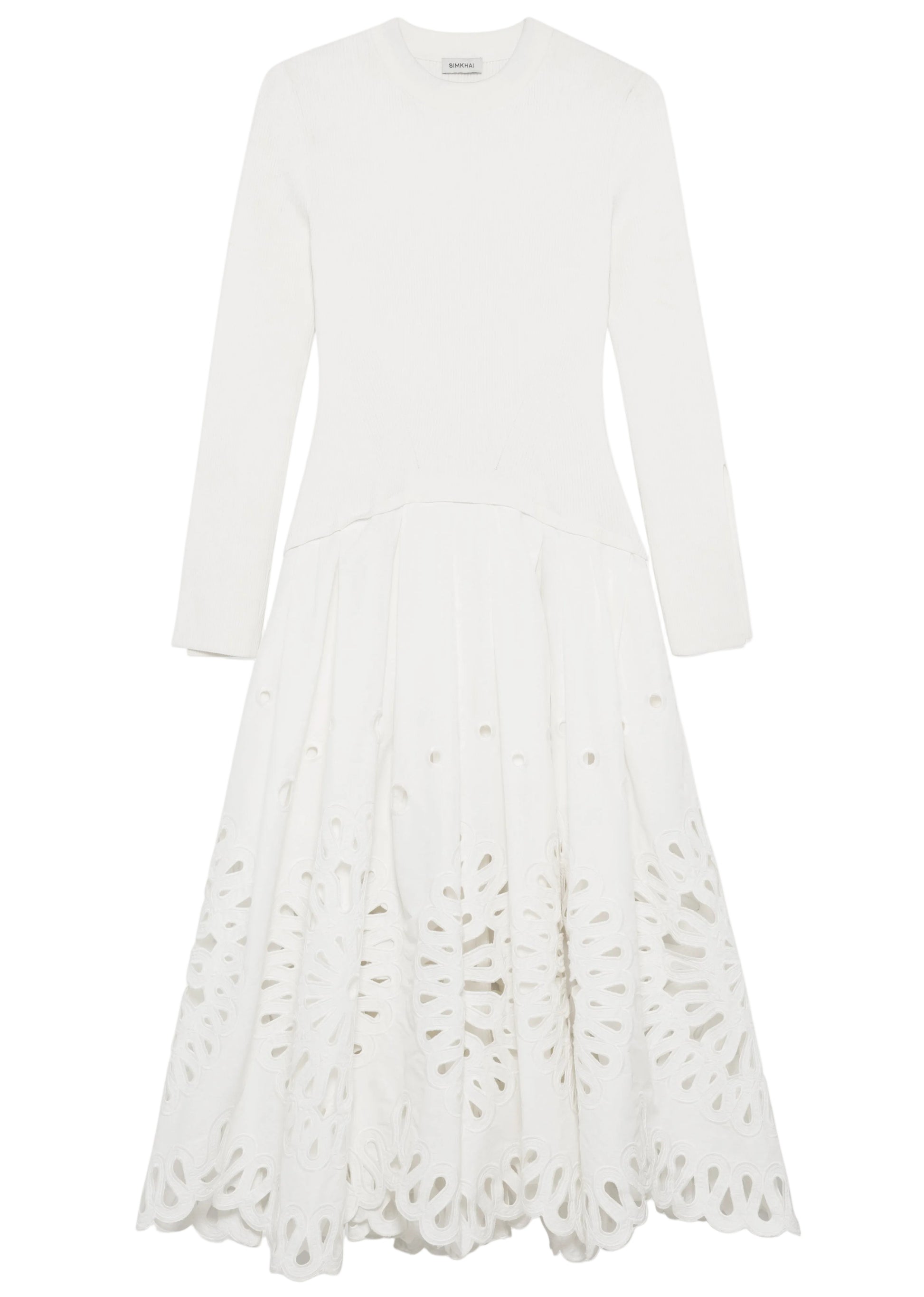 The Daila Dress by Simkhai features long sleeves, a fitted bodice, flared skirt, laser-cut floral details, eyelet-embroidered cotton accents, and a delicate scalloped hem.