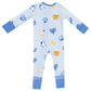 The Angel Dear Baby 2-Way Zipper Romper features light blue, soft bamboo fiber adorned with menorahs, dreidels, gelt coins, and latkes. Finished with blue cuffs and shown flat from the back, this cozy piece offers festive comfort as either baby pajamas or a convertible romper.