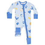 Dress your little one in the Angel Dear Baby 2-Way Zipper Romper—a light blue sleeper crafted from soft bamboo fiber with blue trim. Adorned with playful menorahs, dreidels, sufganiyot, and cheerful yellow circles, this charming convertible romper features a convenient diagonal zipper and footless legs for cozy comfort and easy dressing—perfect baby pajamas for celebrating in style.