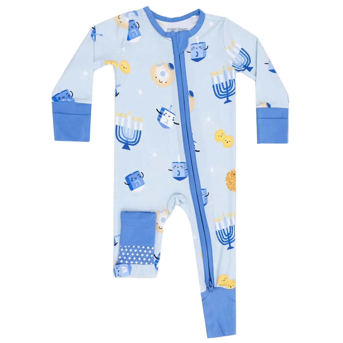 Dress your little one in the Angel Dear Baby 2-Way Zipper Romper—a light blue sleeper crafted from soft bamboo fiber with blue trim. Adorned with playful menorahs, dreidels, sufganiyot, and cheerful yellow circles, this charming convertible romper features a convenient diagonal zipper and footless legs for cozy comfort and easy dressing—perfect baby pajamas for celebrating in style.