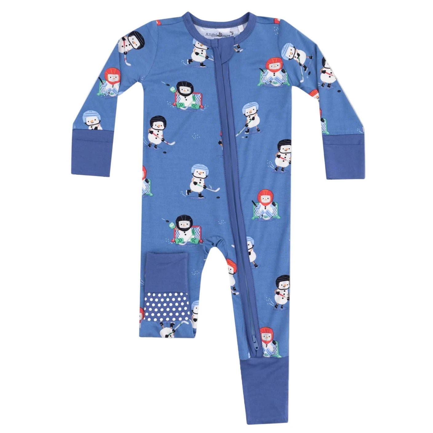Angel Dear Baby 2-Way Zipper Romper: blue bamboo fiber pajamas with hockey player and gear print, long sleeves, ankle cuffs, and knee patch detail.
