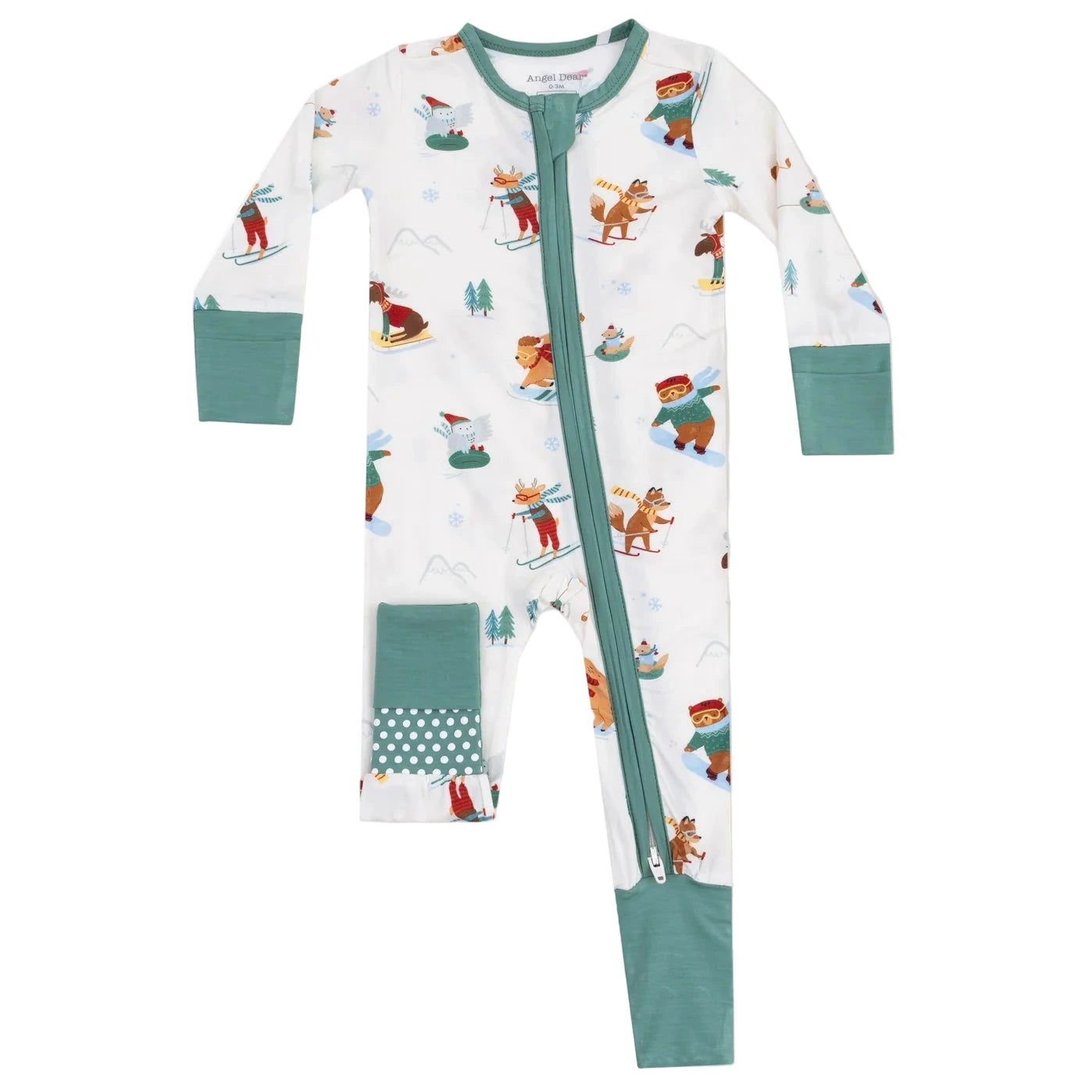 The Angel Dear Baby 2-Way Zipper Romper is a white bamboo fiber onesie with green cuffs and zipper, adorned with a playful animals skiing and snowboarding print.