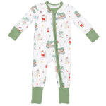 The Angel Dear Baby Convertible Romper features a crisp white design with green cuffs and zipper, adorned with festive Christmas prints such as Santa, vehicles, palm trees, and presents. Combining comfort and style, this romper is the ideal choice for cozy baby pajamas throughout the holiday season.