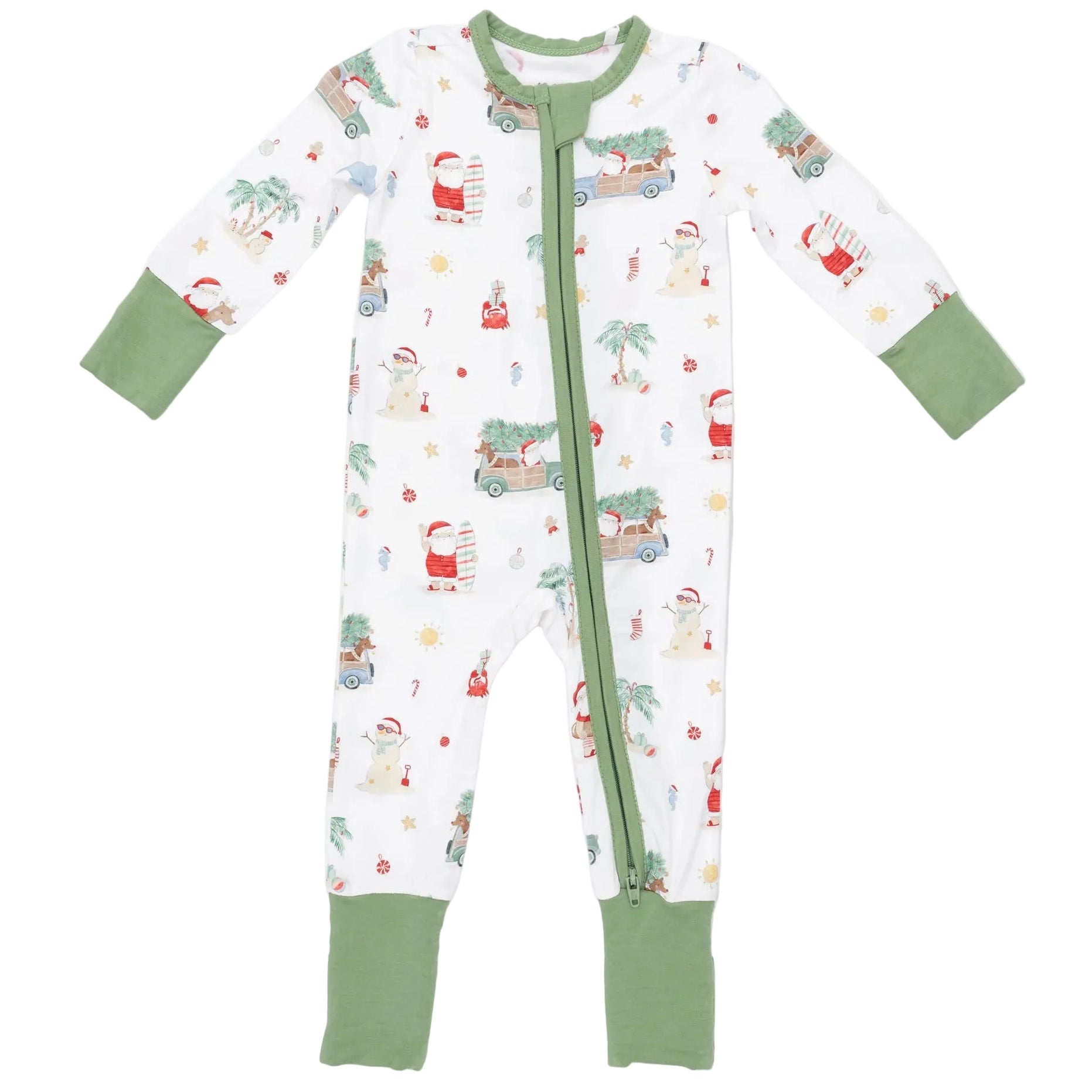 The Angel Dear Baby Convertible Romper features a crisp white design with green cuffs and zipper, adorned with festive Christmas prints such as Santa, vehicles, palm trees, and presents. Combining comfort and style, this romper is the ideal choice for cozy baby pajamas throughout the holiday season.