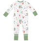 Angel Dear Baby Convertible Romper in white bamboo features green cuffs and festive Christmas-themed illustrations—including Santa, palm trees, dolphins, and trucks—making it a cozy choice for baby pajamas all season long.