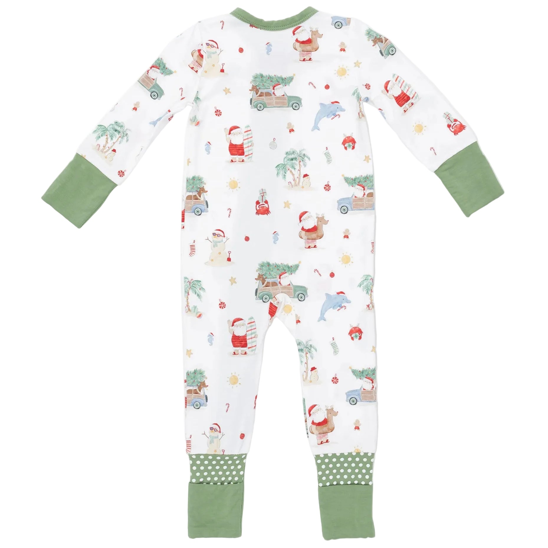 Angel Dear Baby Convertible Romper in white bamboo features green cuffs and festive Christmas-themed illustrations—including Santa, palm trees, dolphins, and trucks—making it a cozy choice for baby pajamas all season long.