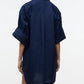 A person wearing the Staud Nico Dress—a loose-fitting, dark blue cotton poplin short-sleeve shirt dress—shown from the back against a plain, light background.