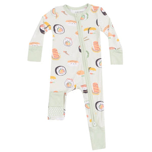 The Angel Dear Baby Sushi 2-Way Zipper Romper is a long-sleeve onesie made from bamboo viscose, featuring a sushi print, mint green cuffs, and an angled 2-way zipper, shown laid flat on a white background.
