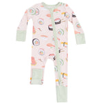 The Angel Dear Baby Sushi 2-Way Zipper Romper is a snug-fit onesie made from soft Viscose from Bamboo, featuring sushi prints, light green cuffs, a diagonal zipper, and fold-over feet and hand covers for comfort and safety.