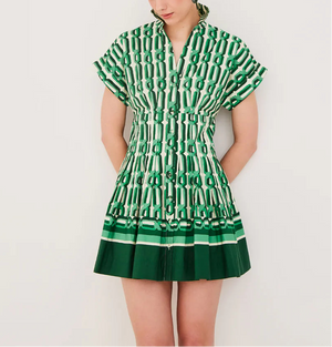 A person wearing the Cara Cara Nash Mini Dress—a short-sleeved, collared green and white patterned mini shirtdress with a pleated skirt—stands against a plain light background.