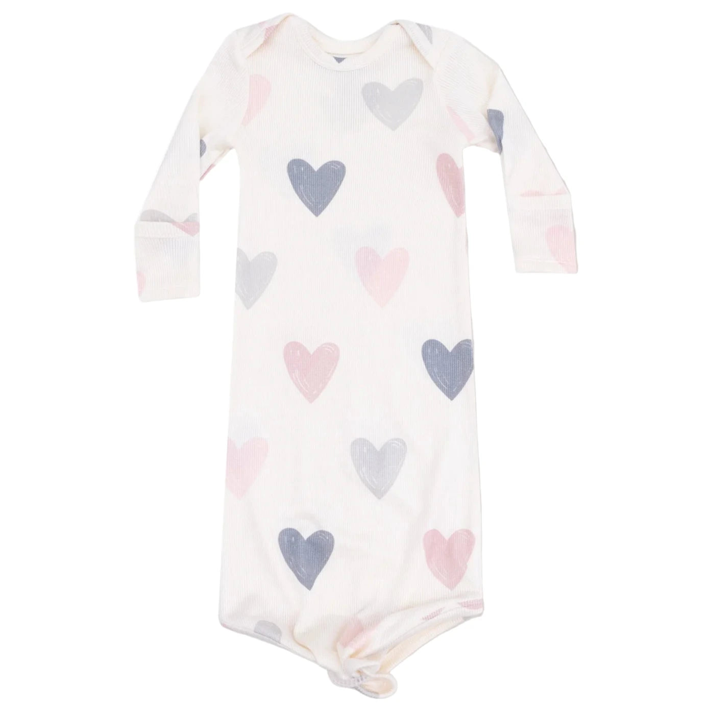 The Angel Dear Baby Girls' Modal Rib Knotted Gown features long sleeves, a cozy knotted bottom, and adorable pink, gray, and blue heart patterns.