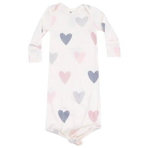 The Angel Dear Baby Girls' Modal Rib Knotted Gown features long sleeves, a cozy knotted bottom, and adorable pink, gray, and blue heart patterns.