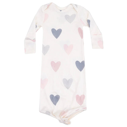 The Angel Dear Baby Girls' Modal Rib Knotted Gown features long sleeves, a cozy knotted bottom, and adorable pink, gray, and blue heart patterns.