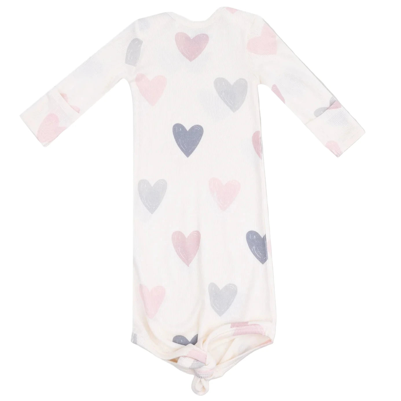 The Angel Dear Baby Girls' Modal Rib Knotted Gown features long sleeves, a knotted bottom, and charming pink and gray heart designs—ideal for cozy comfort.