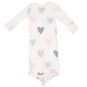 The Angel Dear Baby Girls' Modal Rib Knotted Gown features long sleeves, a knotted bottom, and charming pink and gray heart designs—ideal for cozy comfort.