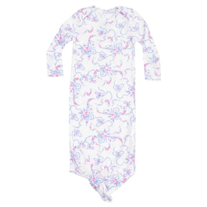 Keep your little one cozy in the Angel Dear Baby Girls' Knotted Gown, made from buttery-soft fabric and featuring charming blue and pink floral bows on a crisp white background.