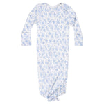 The Angel Dear Baby Girls' Knotted Gown features long sleeves, a white base with light blue floral and bow patterns, a cozy knotted bottom, and buttery-soft fabric for ultimate comfort.