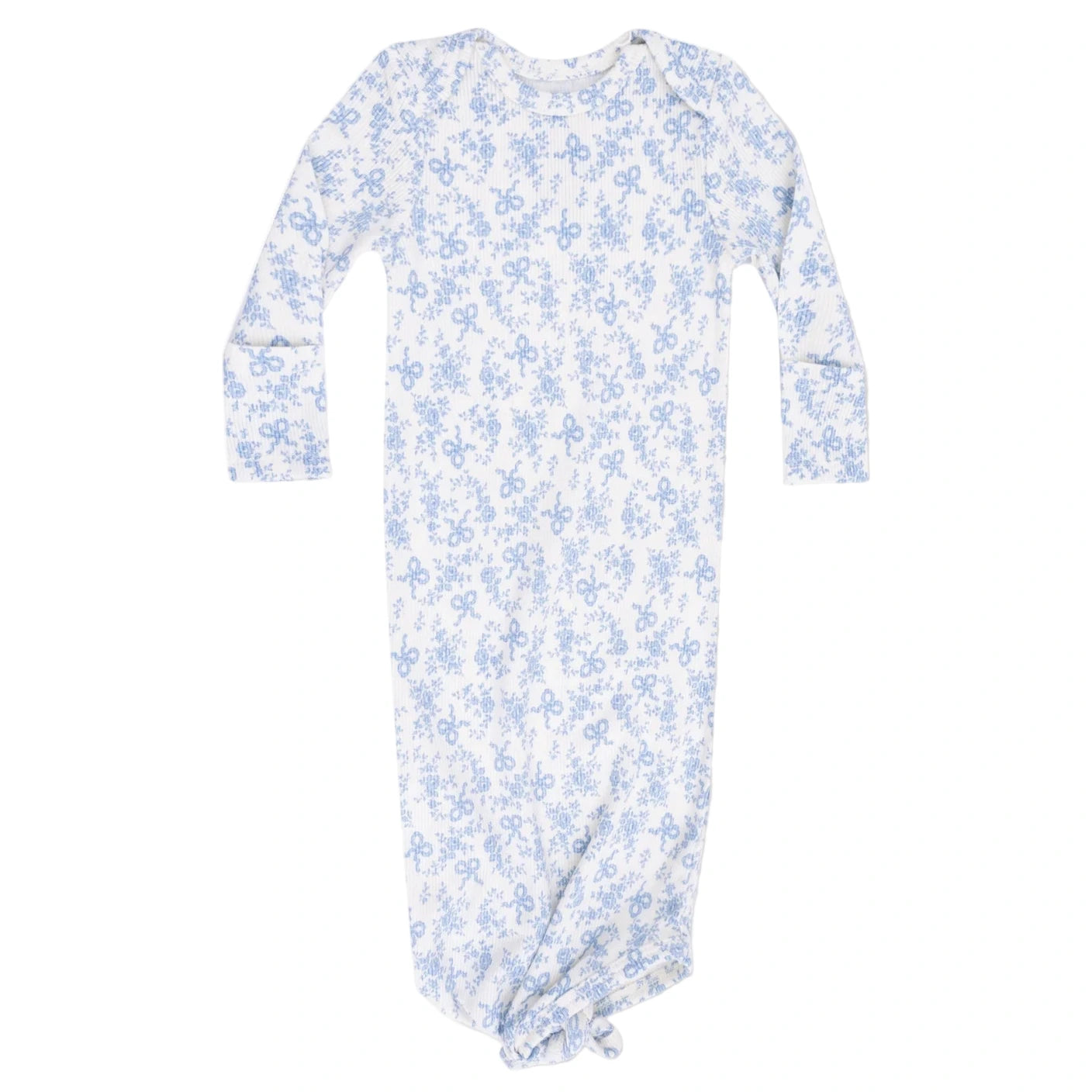 The Angel Dear Baby Girls' Knotted Gown features long sleeves, a white base with light blue floral and bow patterns, a cozy knotted bottom, and buttery-soft fabric for ultimate comfort.