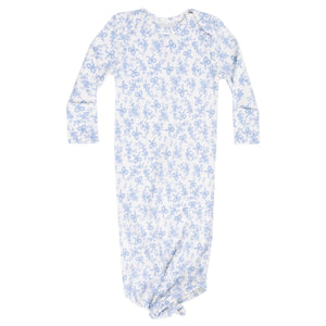The Angel Dear Baby Girls' Knotted Gown features long sleeves, a white base with light blue floral and bow patterns, a cozy knotted bottom, and buttery-soft fabric for ultimate comfort.