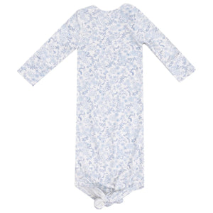 The Angel Dear Baby Girls' Knotted Gown, featuring a blue and white floral pattern and crafted from buttery-soft fabric for comfort, is shown laid flat on a white background.
