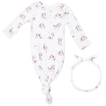 The Angel Dear Baby Girls’ Knotted Gown and Knot Headband set includes a white modal long-sleeve gown and a matching knot headband, both adorned with an adorable brown puppy and floral print.