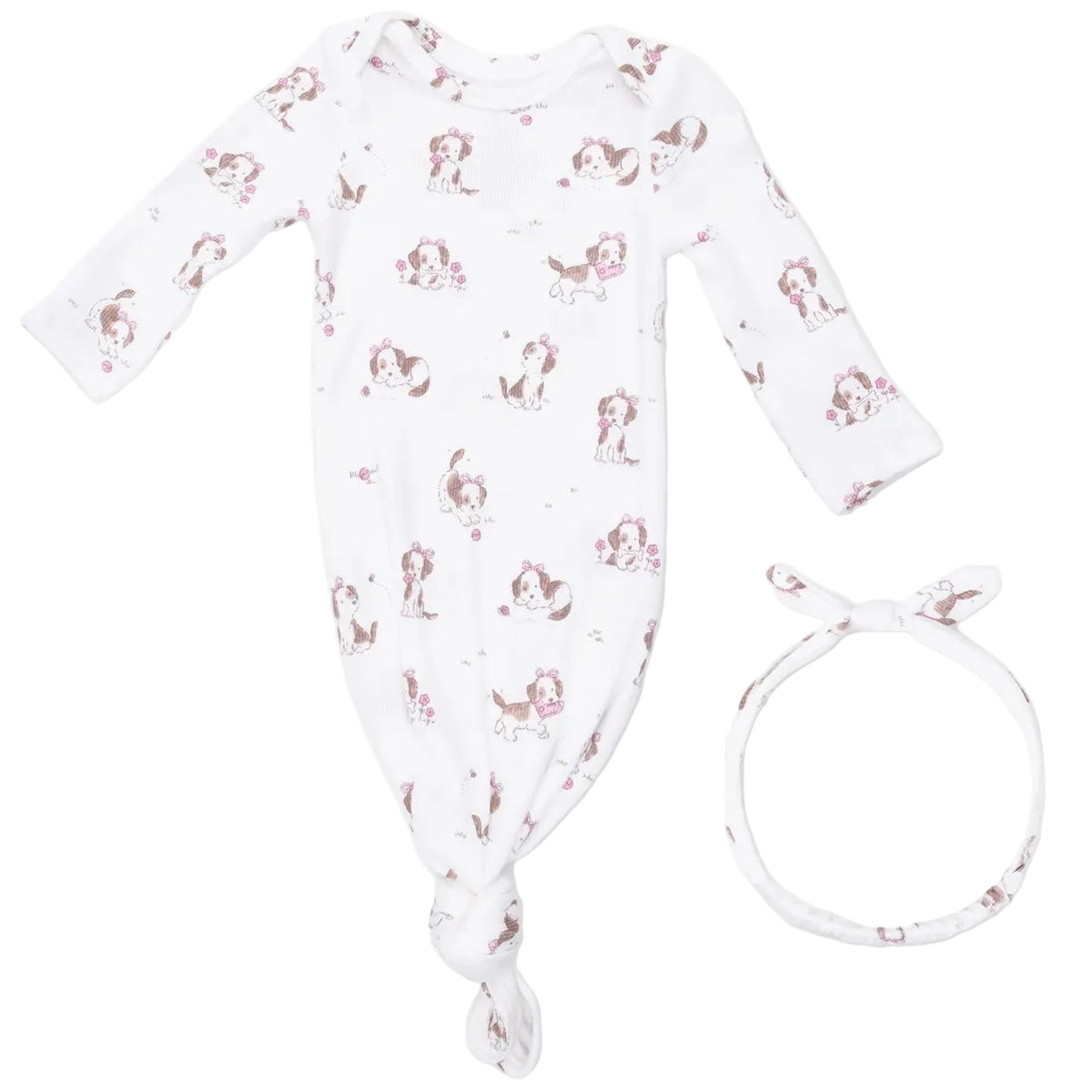 The Angel Dear Baby Girls’ Knotted Gown and Knot Headband set includes a white modal long-sleeve gown and a matching knot headband, both adorned with an adorable brown puppy and floral print.