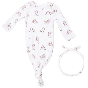 The Angel Dear Baby Girls’ Knotted Gown and Knot Headband set includes a white modal long-sleeve gown and a matching knot headband, both adorned with an adorable brown puppy and floral print.