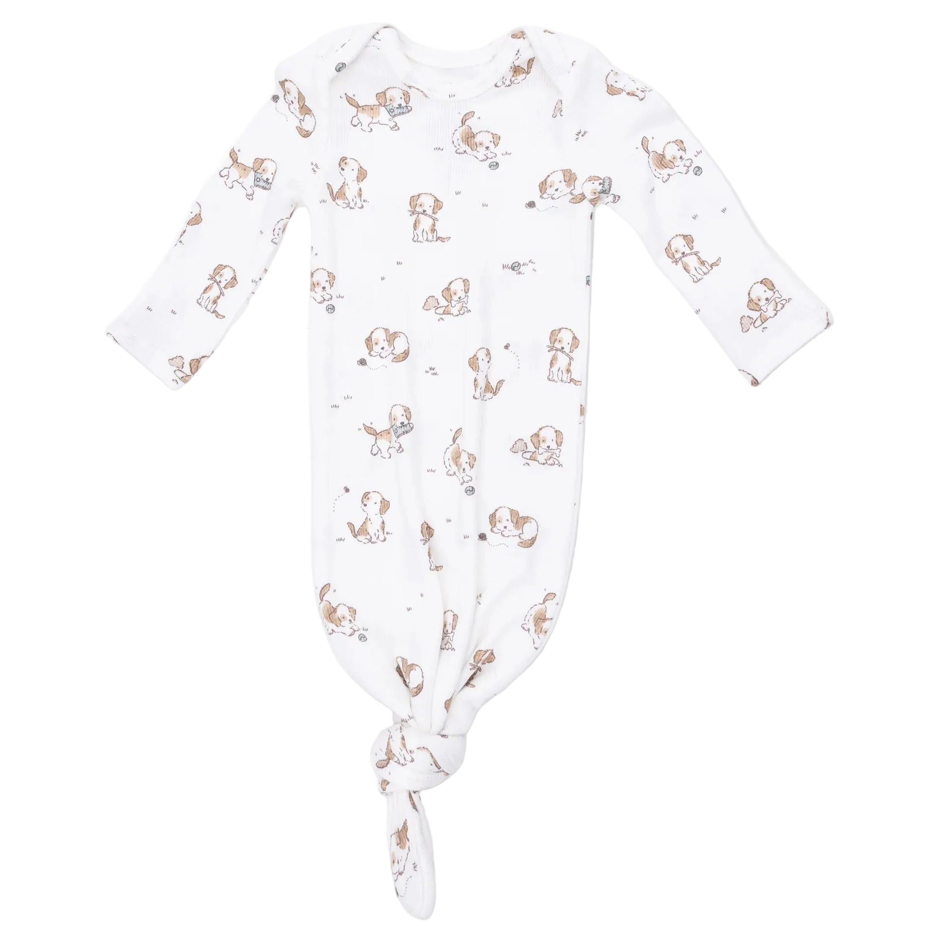 Wrap your little one in comfort and style with the Angel Dear Baby Boys’ Knotted Gown and Beanie Hat. Made from ultra soft modal, this white gown features long sleeves, a convenient knot at the bottom, and an adorable brown and beige puppy dog print pattern.