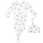 The Angel Dear Baby Boys’ Knotted Gown and Beanie Hat features an ultra soft modal fabric with a charming brown and gray puppy dog print, shown on a plain background.