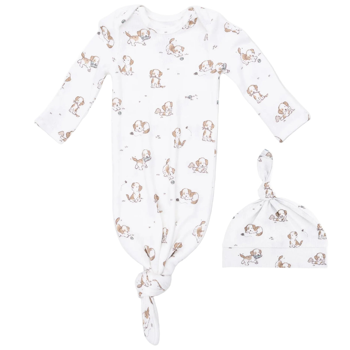 The Angel Dear Baby Boys’ Knotted Gown and Beanie Hat features an ultra soft modal fabric with a charming brown and gray puppy dog print, shown on a plain background.
